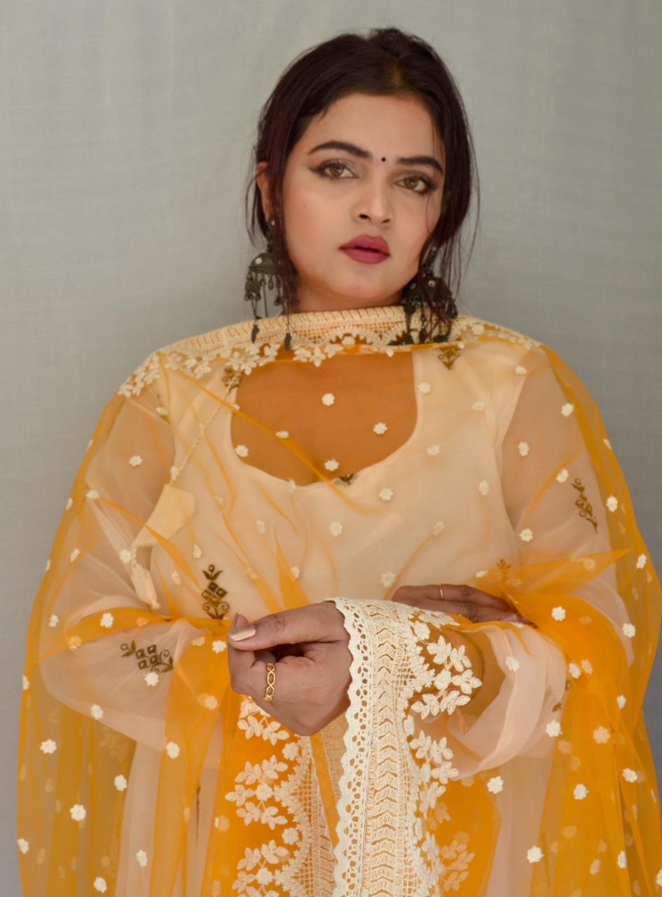 Bright Yellow Net Heavy Embroidered Dupatta - Vaaniari