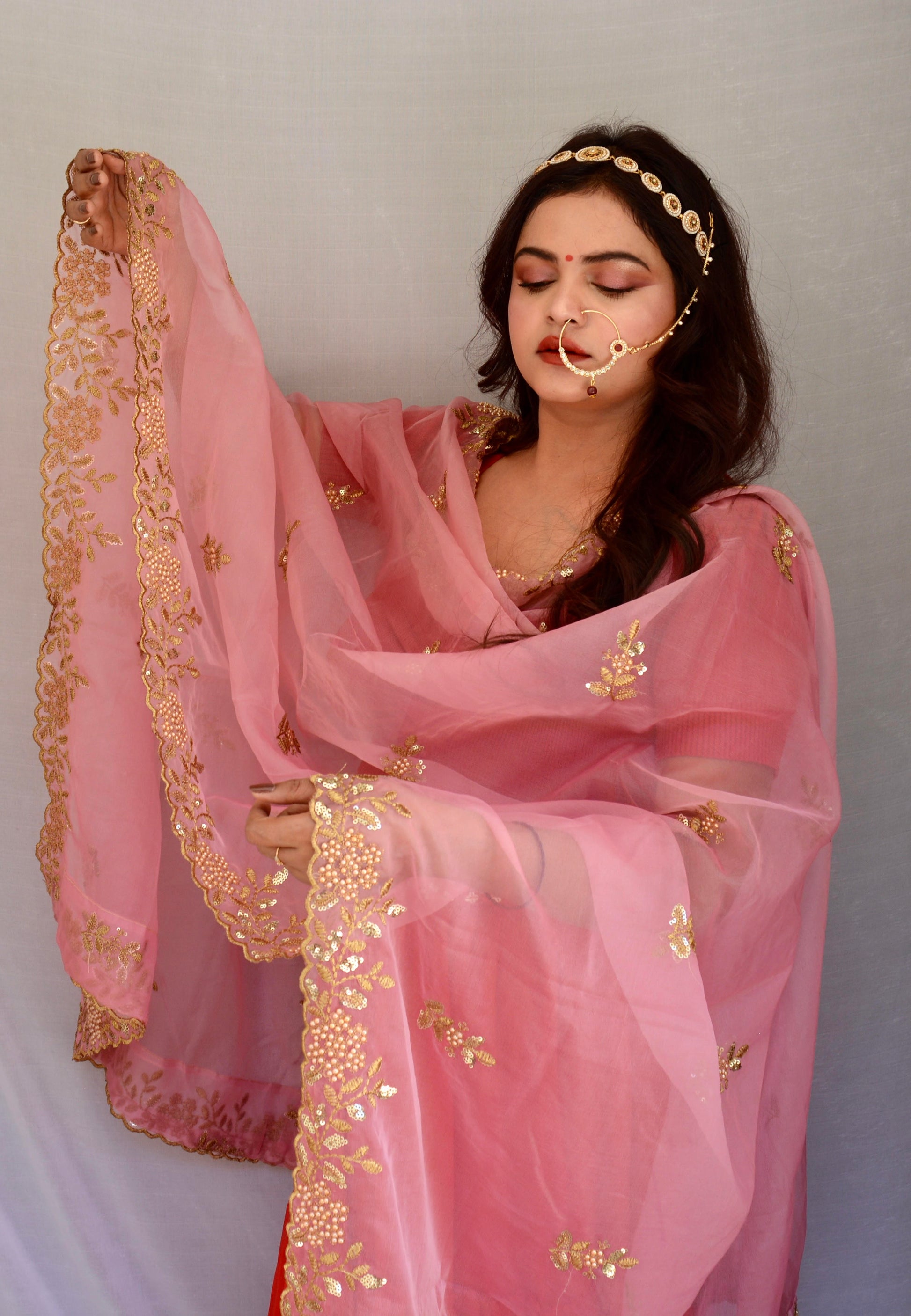 Pink Zari and Sippi Border Organza Dupatta - Vaaniari