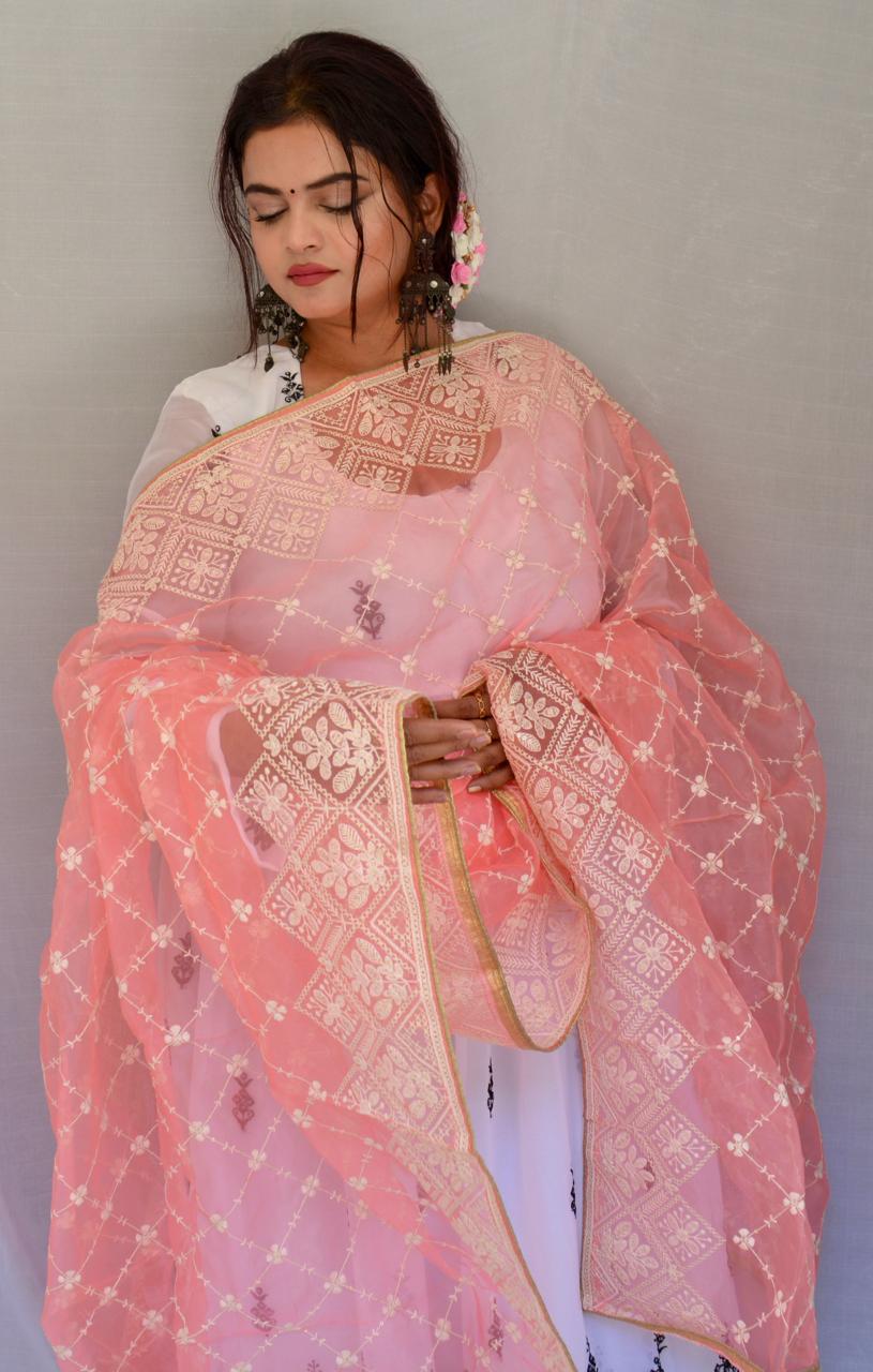 Pink Organza Embroidered Dupatta - Vaaniari