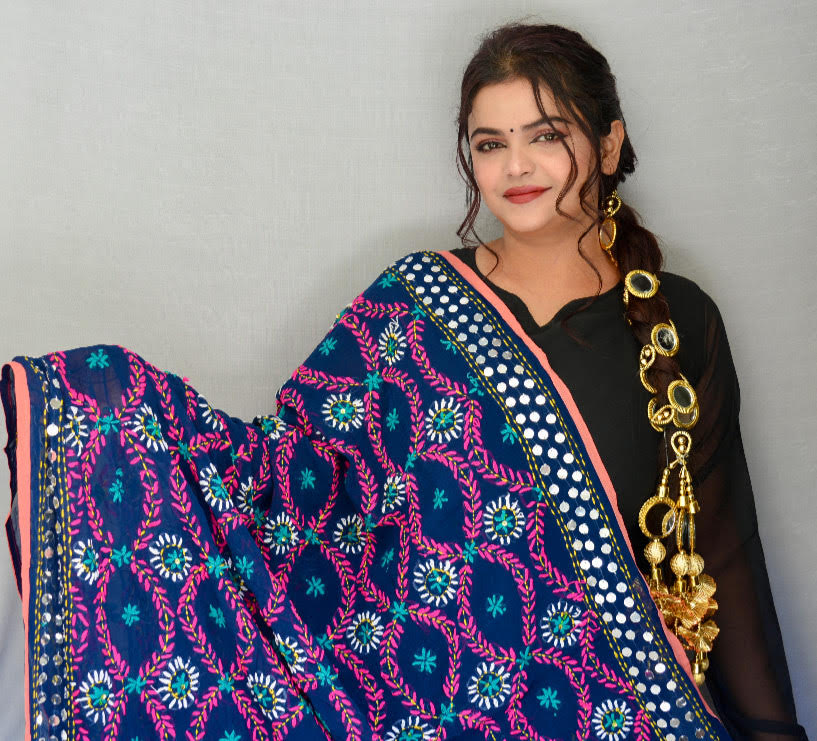 Chiffon Blue Phulkari Dupatta - Vaaniari