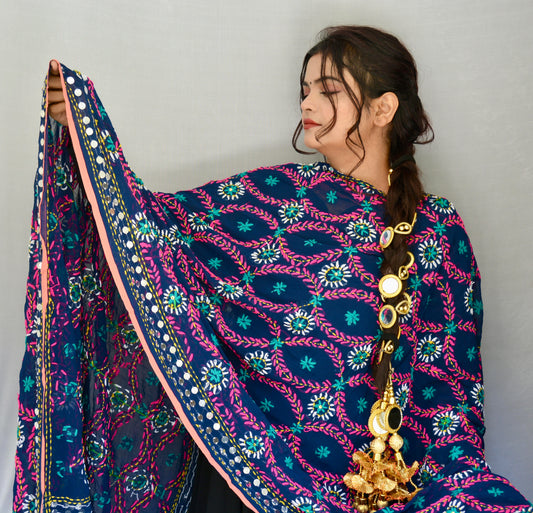 Chiffon Blue Phulkari Dupatta - Vaaniari