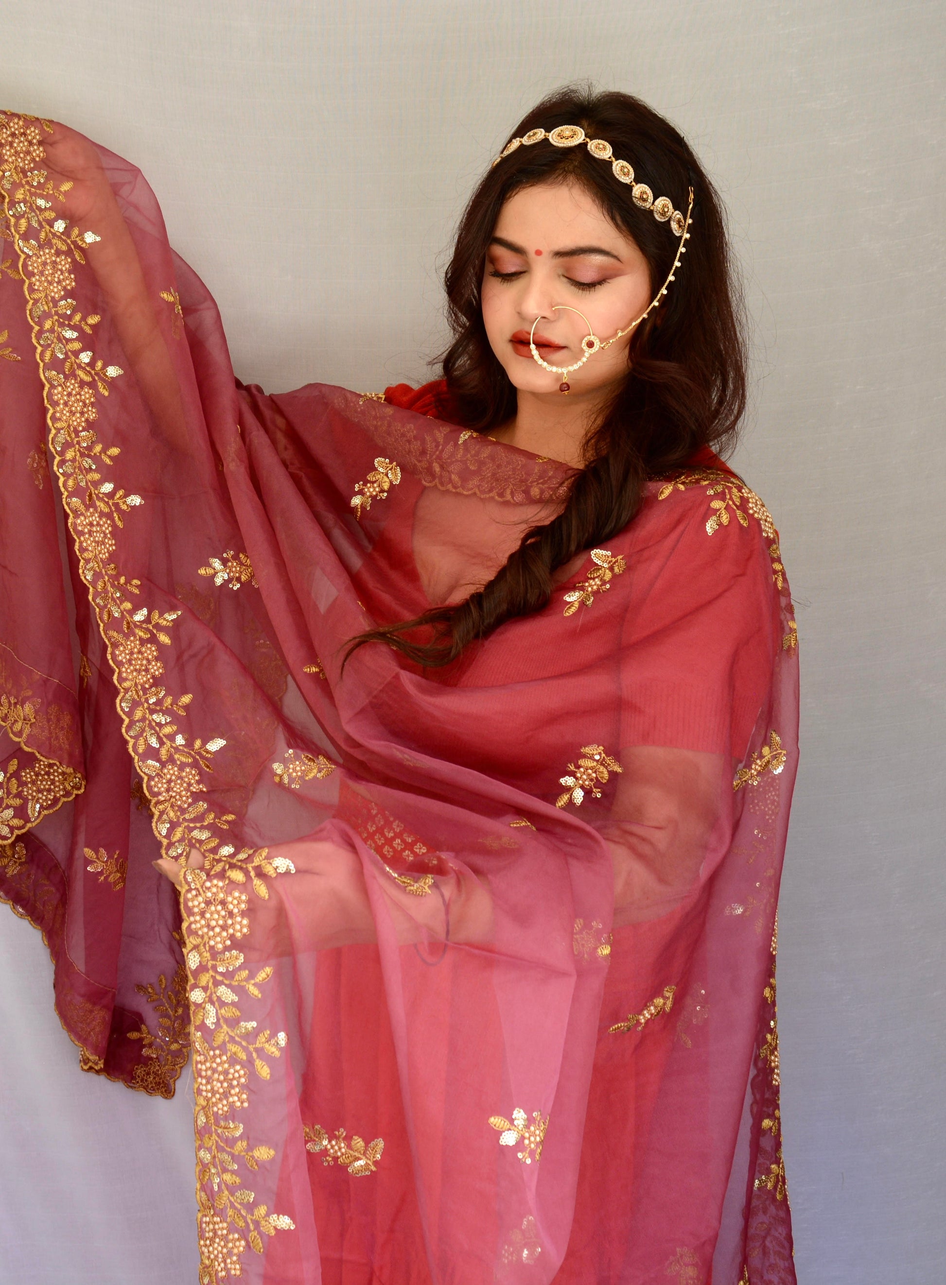 Onion Pink Zari and Sippi Border Organza Dupatta - Vaaniari