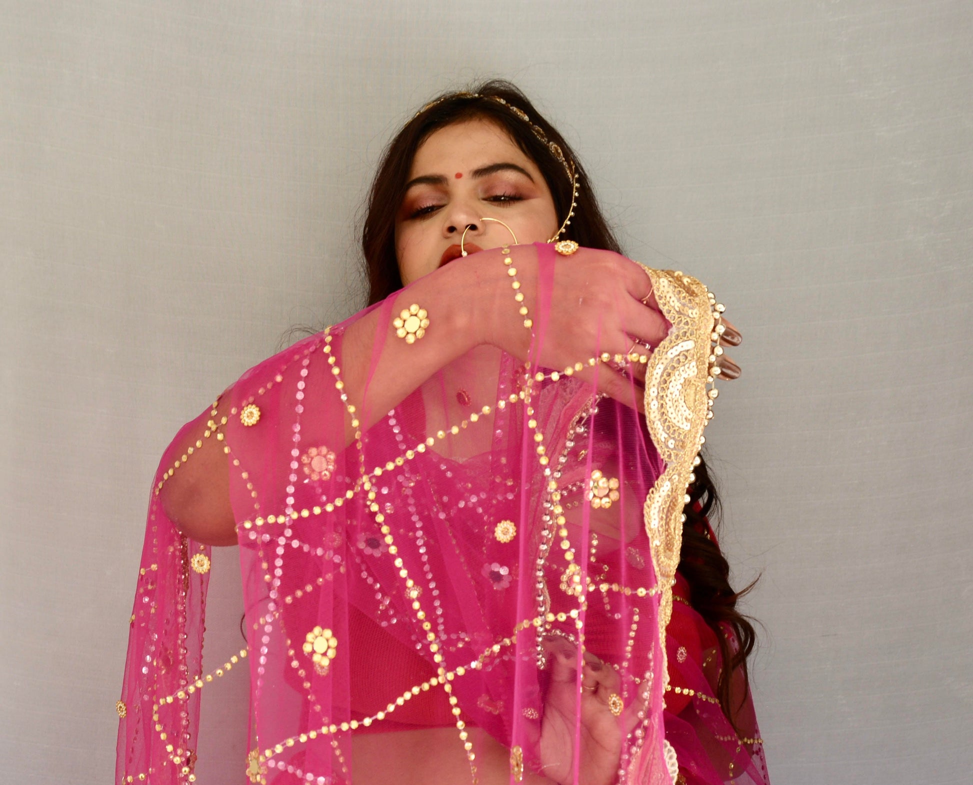 Stone work and Heavy border Pink Net Dupatta - Vaaniari