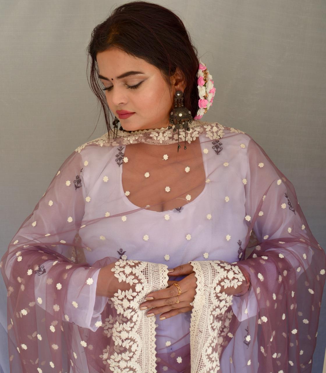 Onion Pink Net Heavy Embroidered Dupatta - Vaaniari