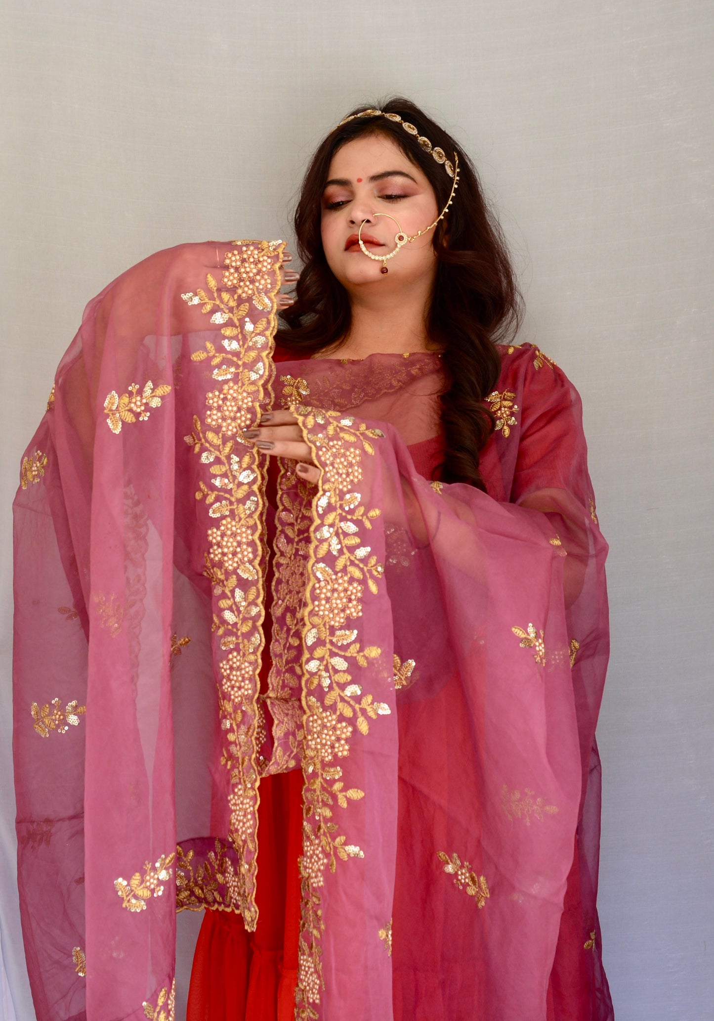 Onion Pink Zari and Sippi Border Organza Dupatta - Vaaniari