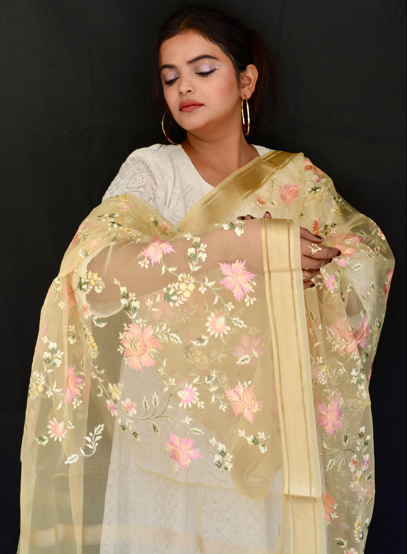 Organza Flower Thread Work Cream Dupatta - Vaaniari