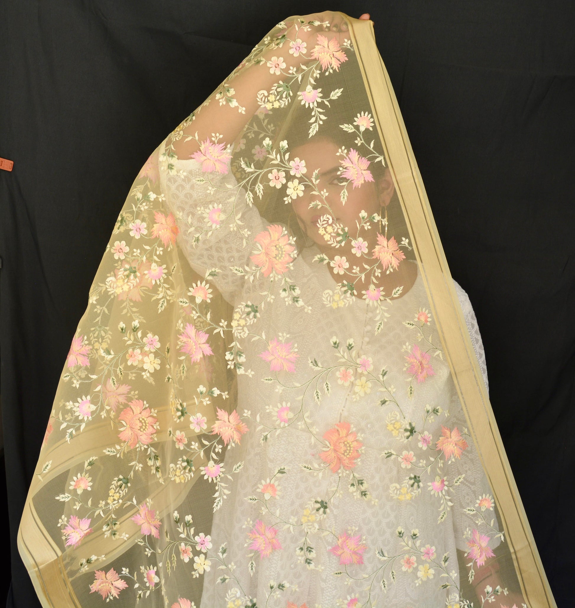 Organza Flower Thread Work Cream Dupatta - Vaaniari