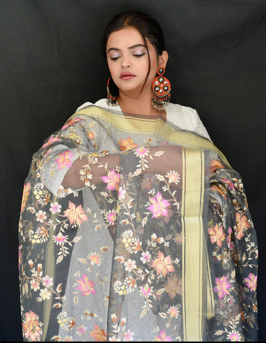 Organza Flower Thread Work Grey Dupatta - Vaaniari