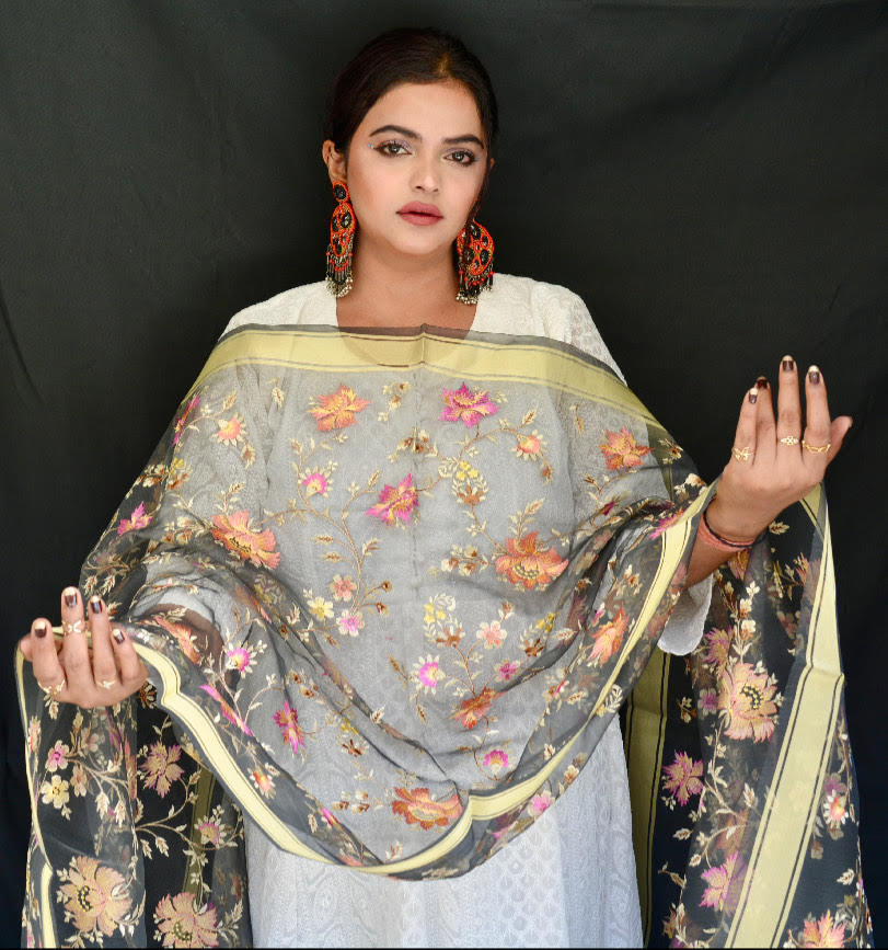 Organza Flower Thread Work Grey Dupatta - Vaaniari