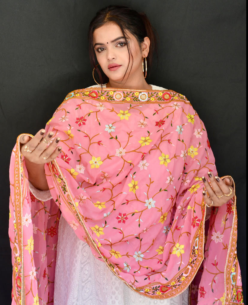 Georgette Heavy Thread Work Pink Dupatta - Vaaniari