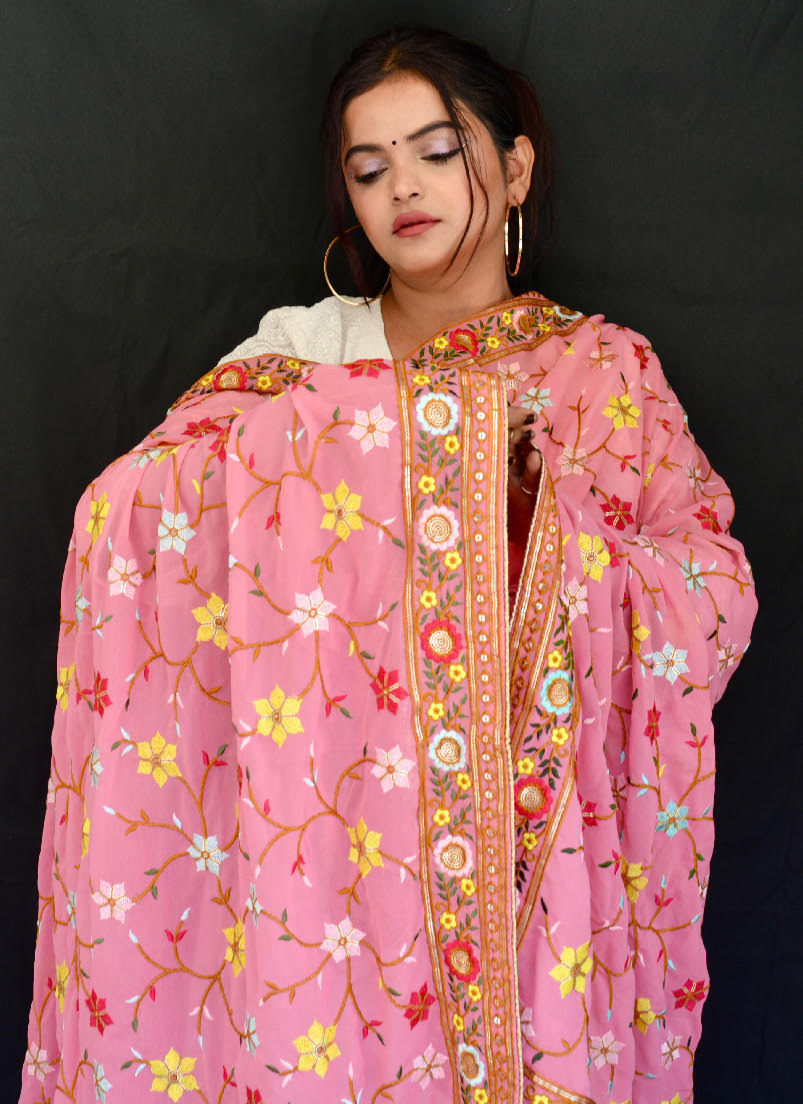 Georgette Heavy Thread Work Pink Dupatta - Vaaniari