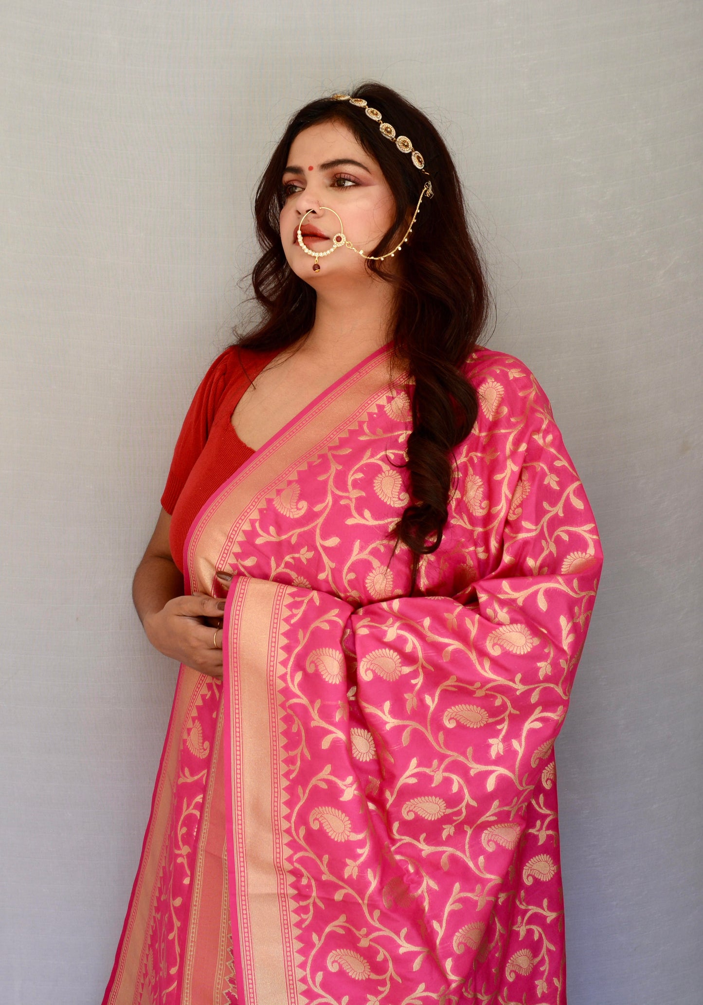 Heavy Work Brocade Bright Pink Dupatta - Vaaniari