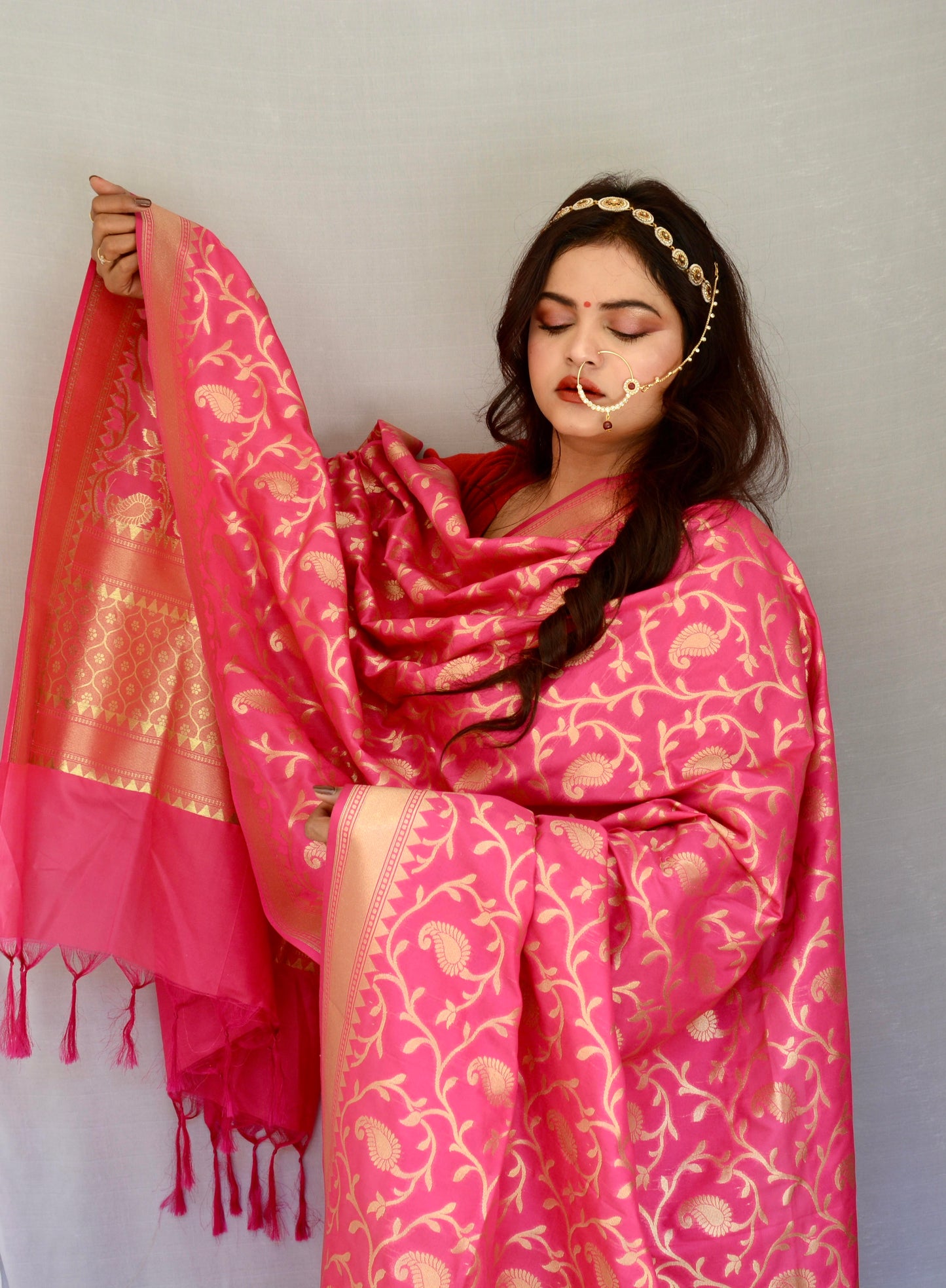 Heavy Work Brocade Bright Pink Dupatta - Vaaniari