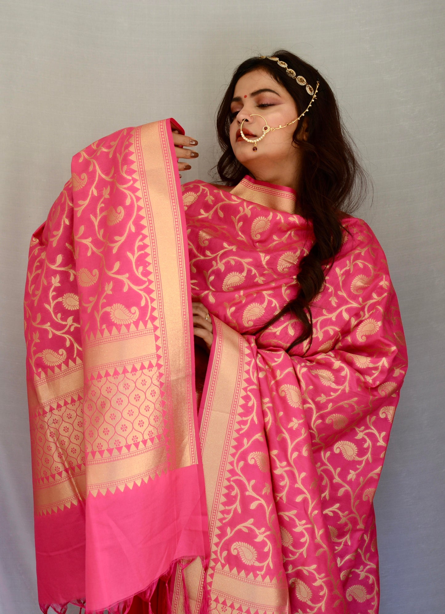 Heavy Work Brocade Bright Pink Dupatta - Vaaniari