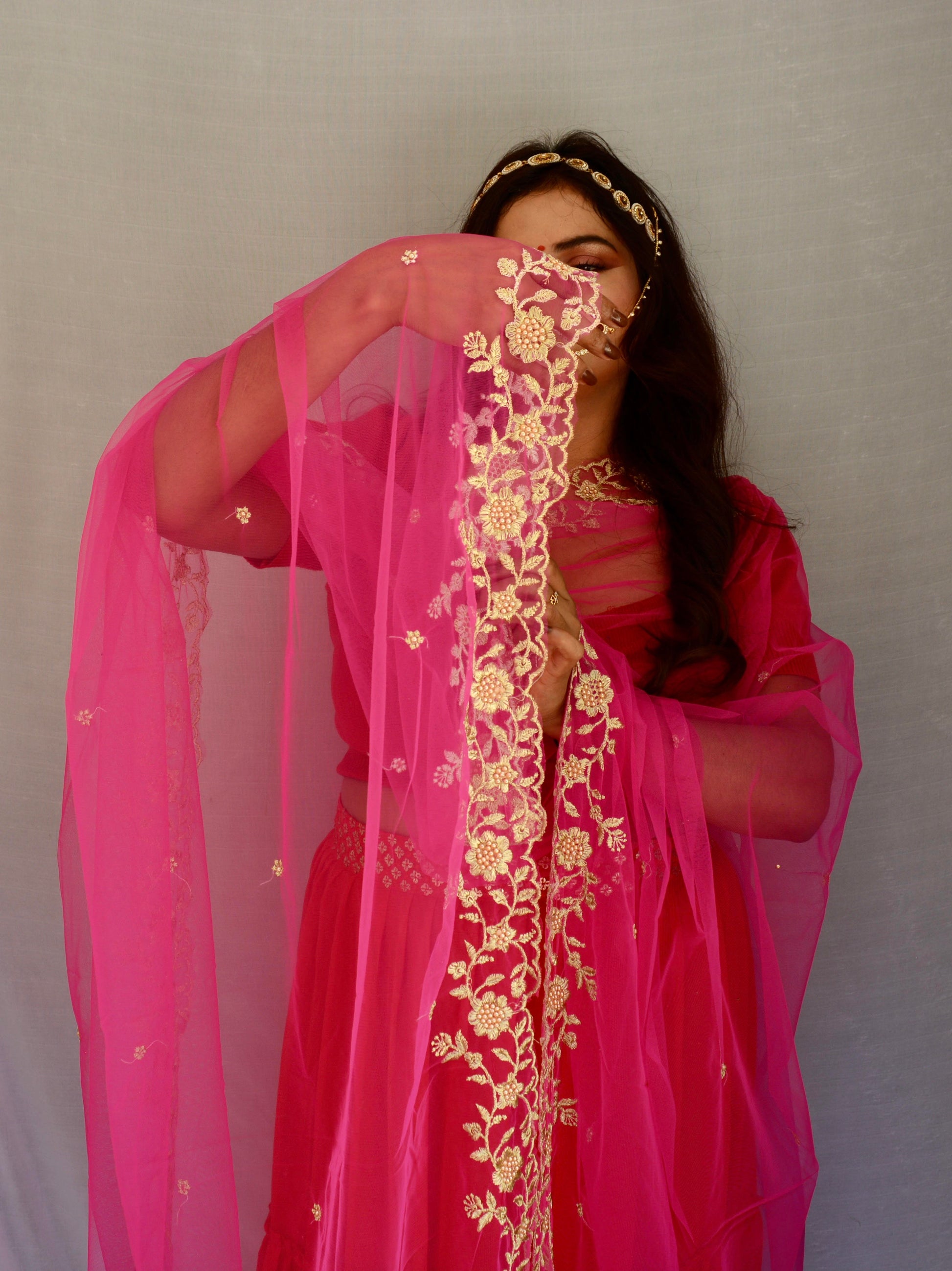 Thread Work Net Pink Dupatta - Vaaniari