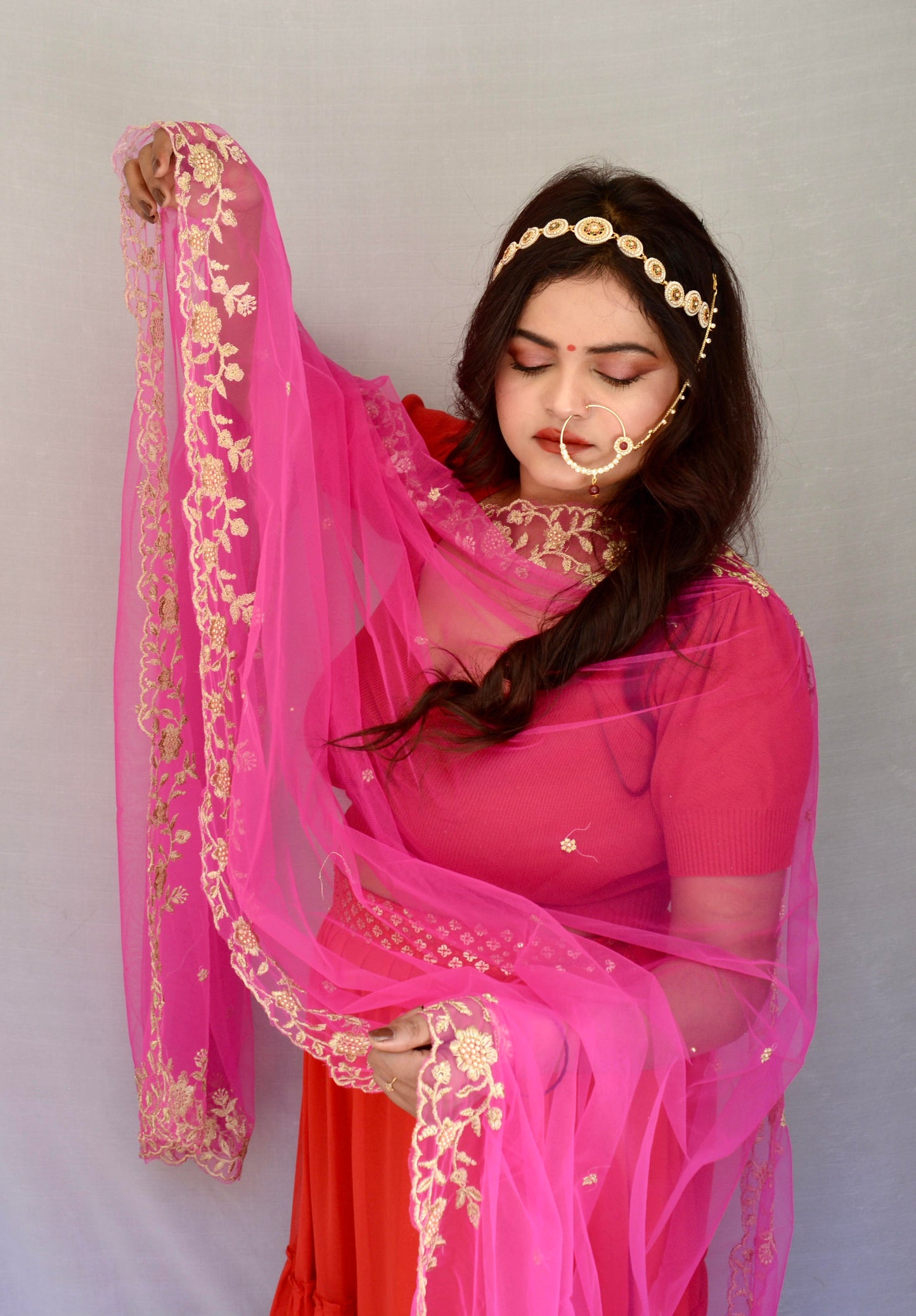 Thread Work Net Pink Dupatta - Vaaniari