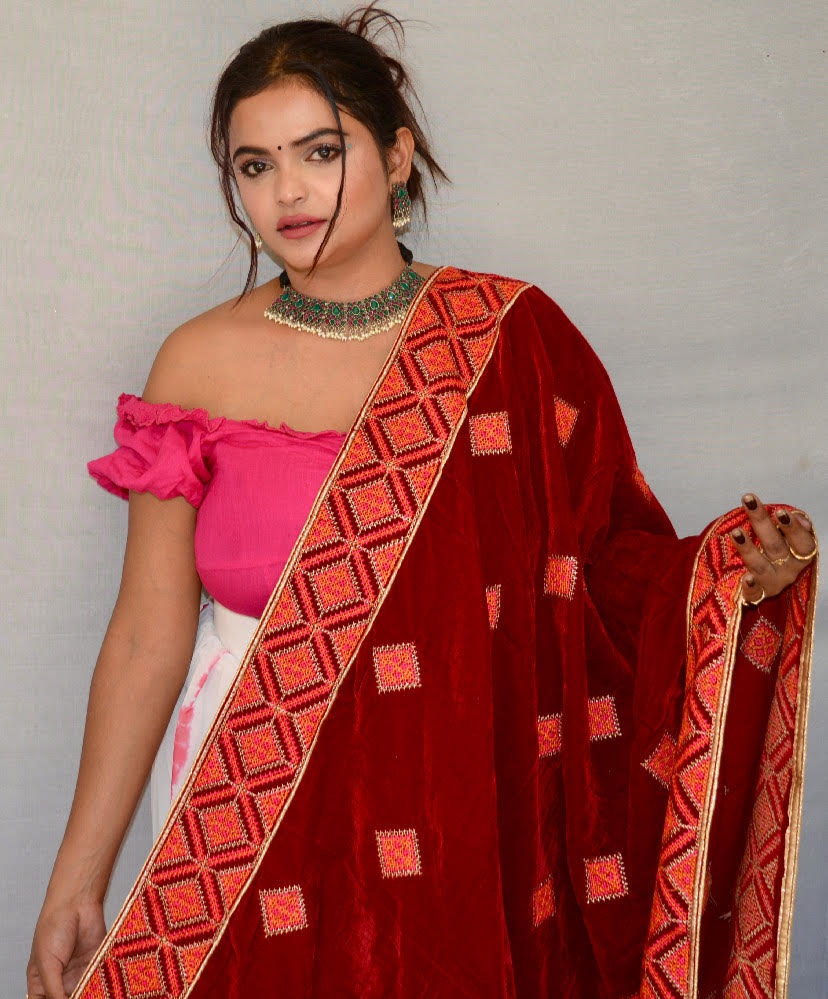 Velvet Thread Work Red Dupatta - Vaaniari