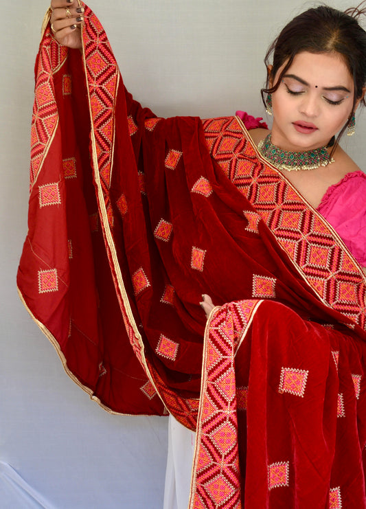 Velvet Thread Work Red Dupatta - Vaaniari