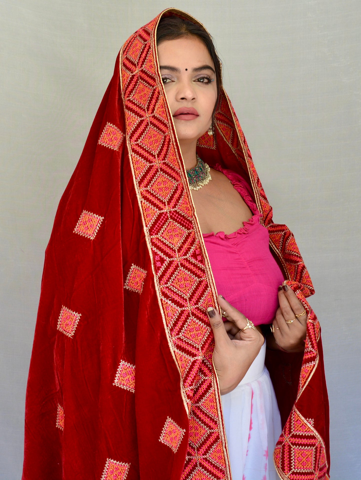 Velvet Thread Work Red Dupatta - Vaaniari