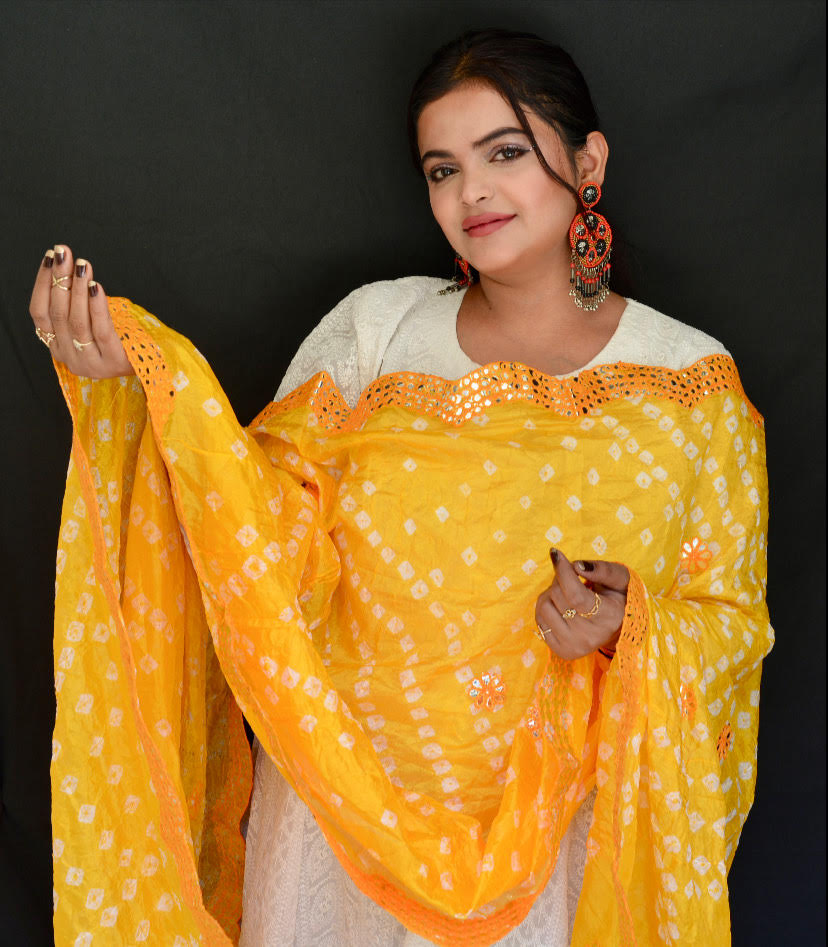 Chiffon Tie and Dye Yellow Dupatta - Vaaniari