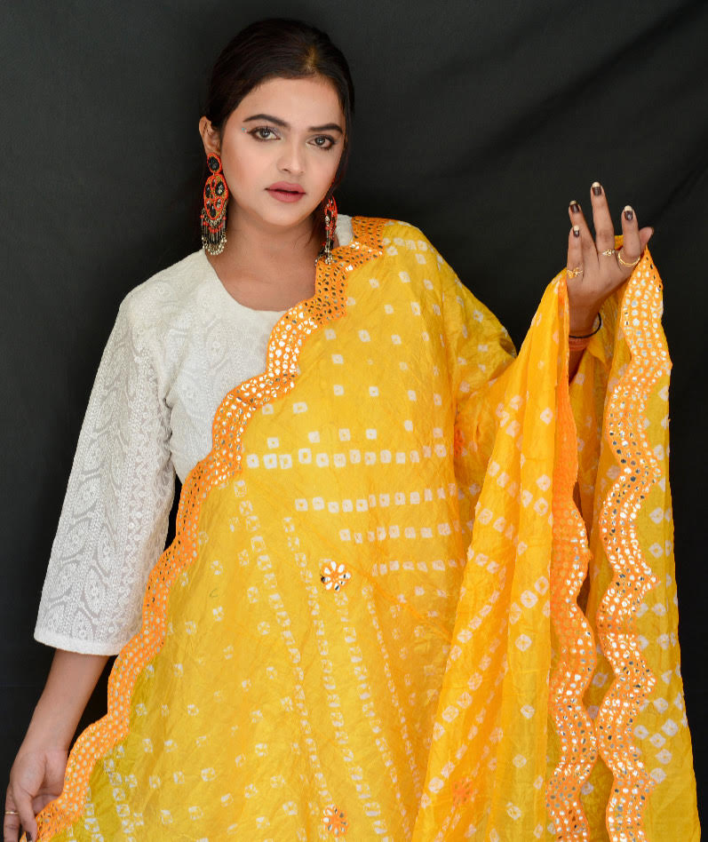 Chiffon Tie and Dye Yellow Dupatta - Vaaniari