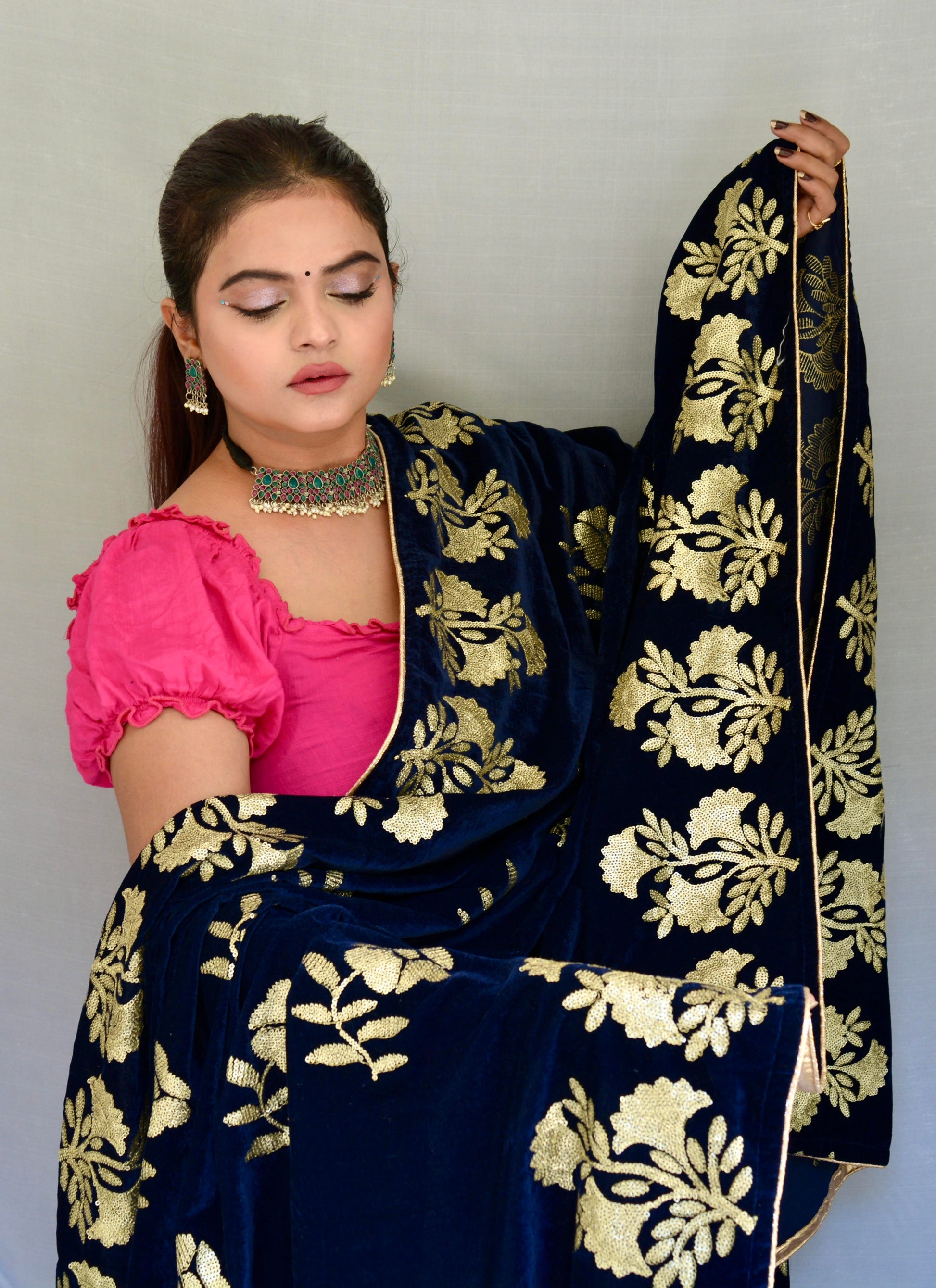 Heavy Sippi work Dark Blue Velvet Dupatta - Vaaniari