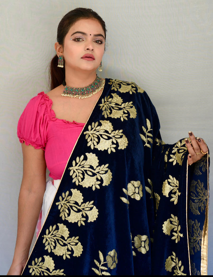 Heavy Sippi work Dark Blue Velvet Dupatta - Vaaniari