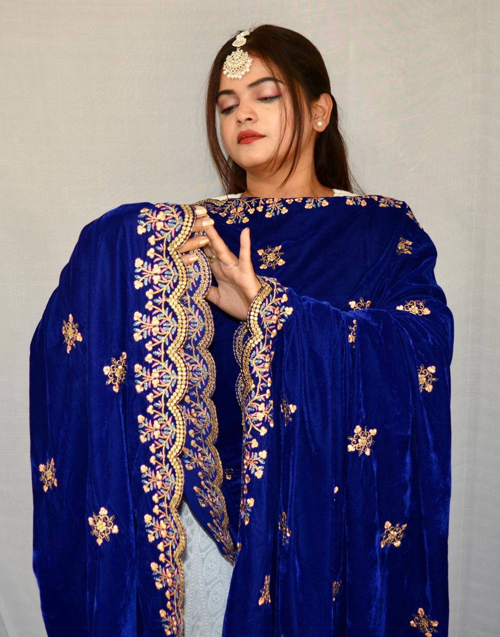 Zari work Dark Blue color Velvet Dupatta - Vaaniari