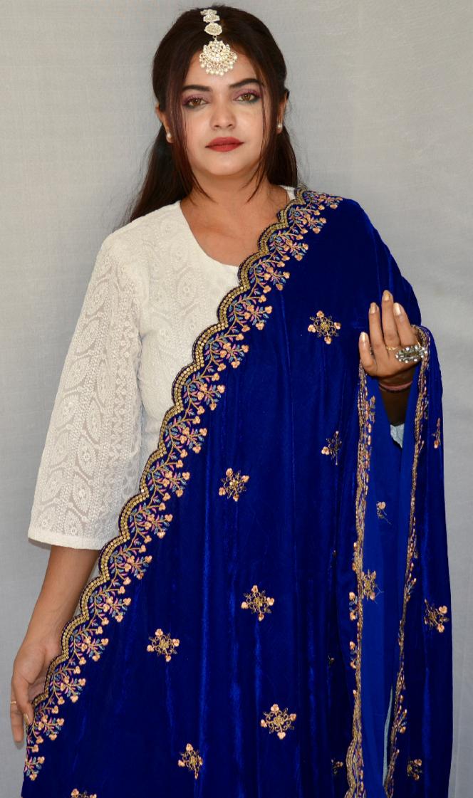 Zari work Dark Blue color Velvet Dupatta - Vaaniari