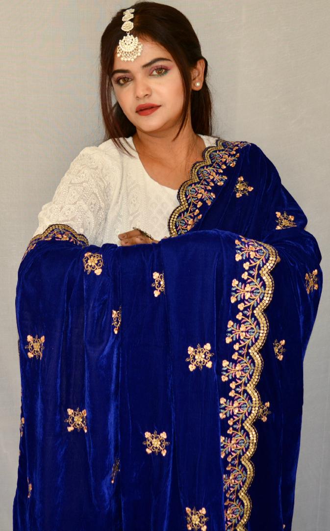 Zari work Dark Blue color Velvet Dupatta - Vaaniari