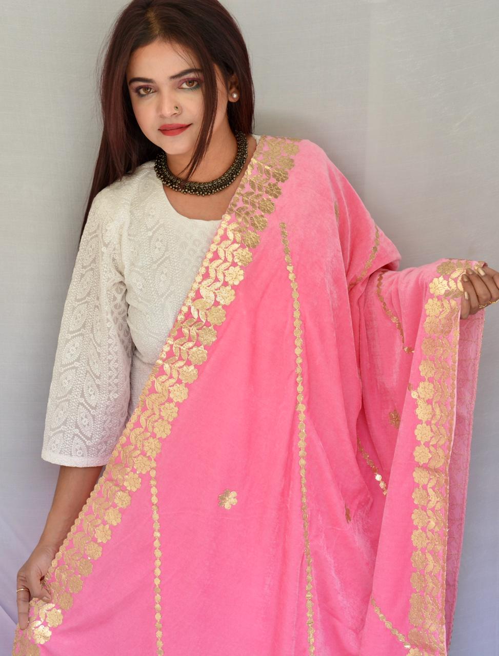 Gotta patti Pink Velvet dupatta - Vaaniari