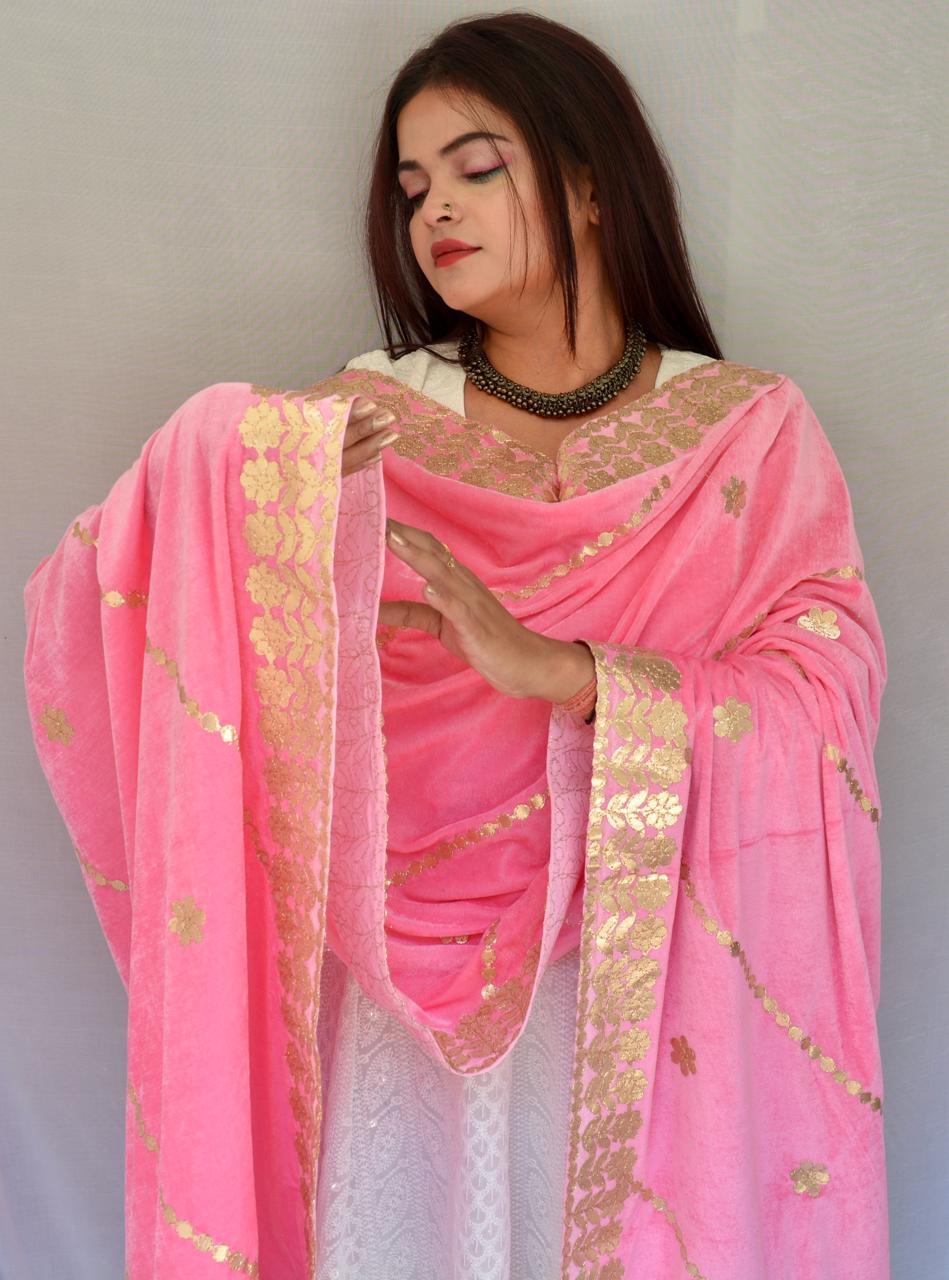 Gotta patti Pink Velvet dupatta - Vaaniari