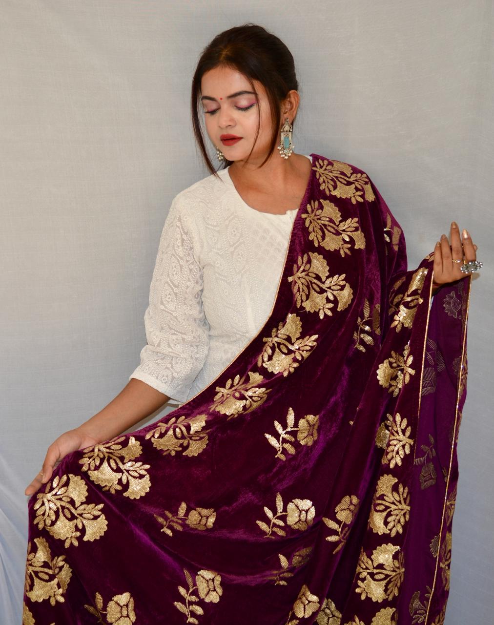 Heavy Sippi work Purple Velvet Dupatta - Vaaniari