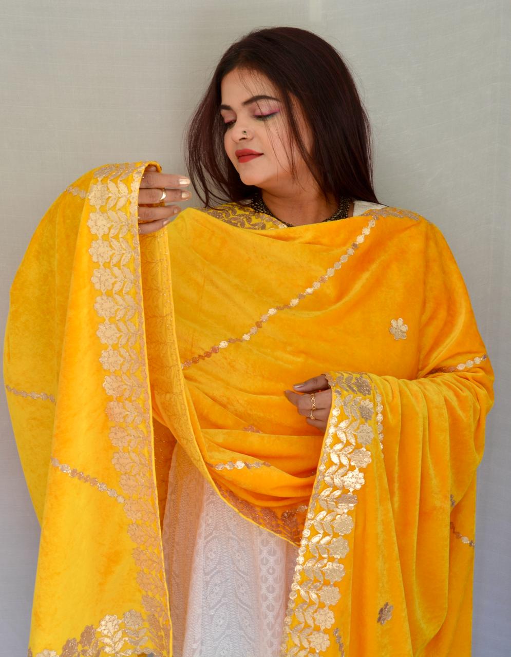 Gotta patti Yellow Velvet dupatta - Vaaniari