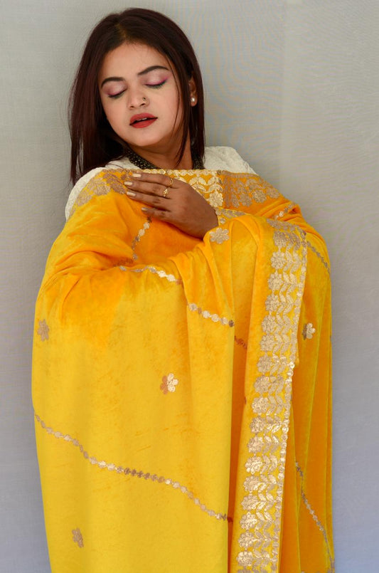 Gotta patti Yellow Velvet dupatta - Vaaniari