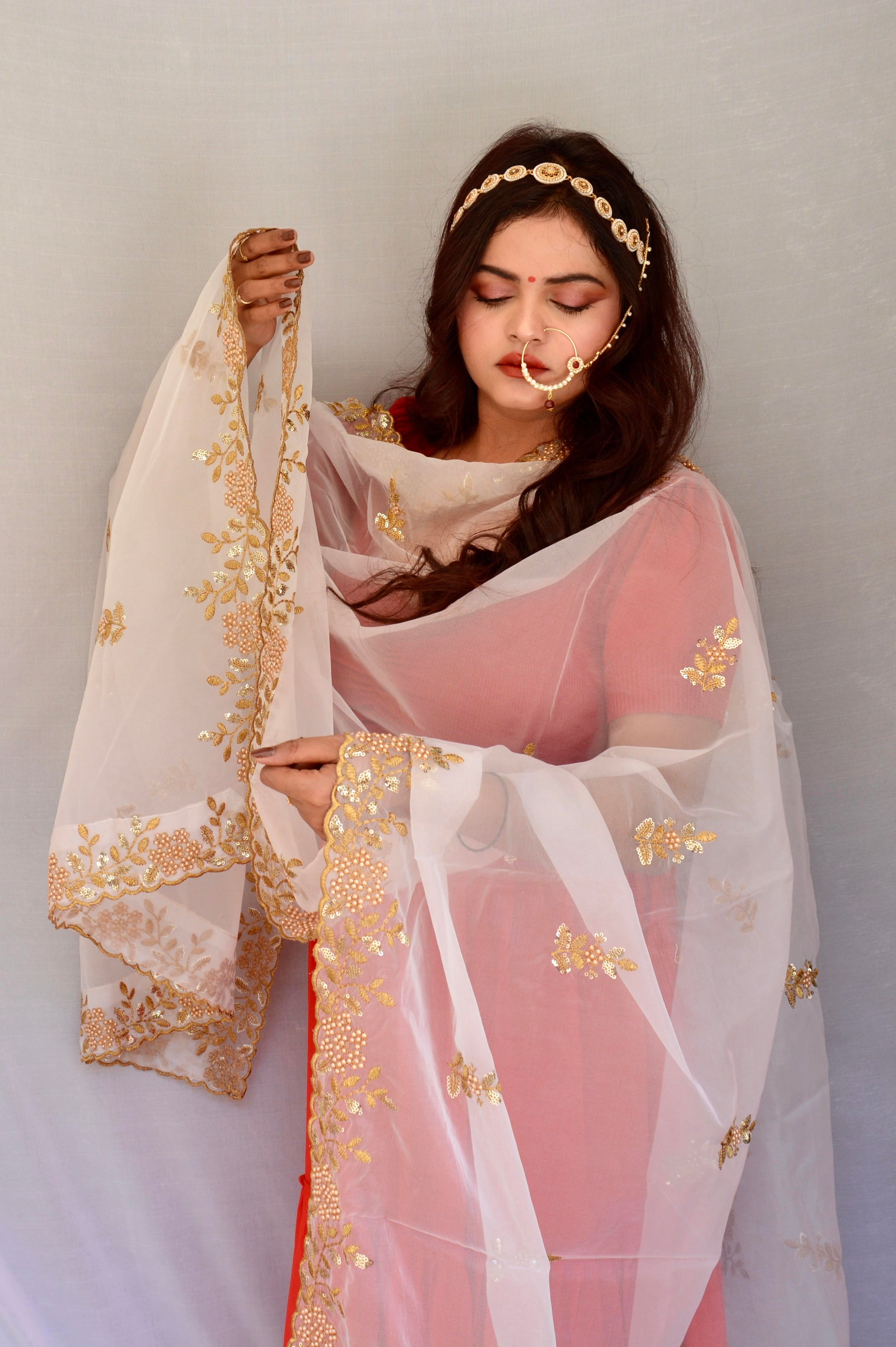 White Zari and Sippi Border Organza Dupatta - Vaaniari