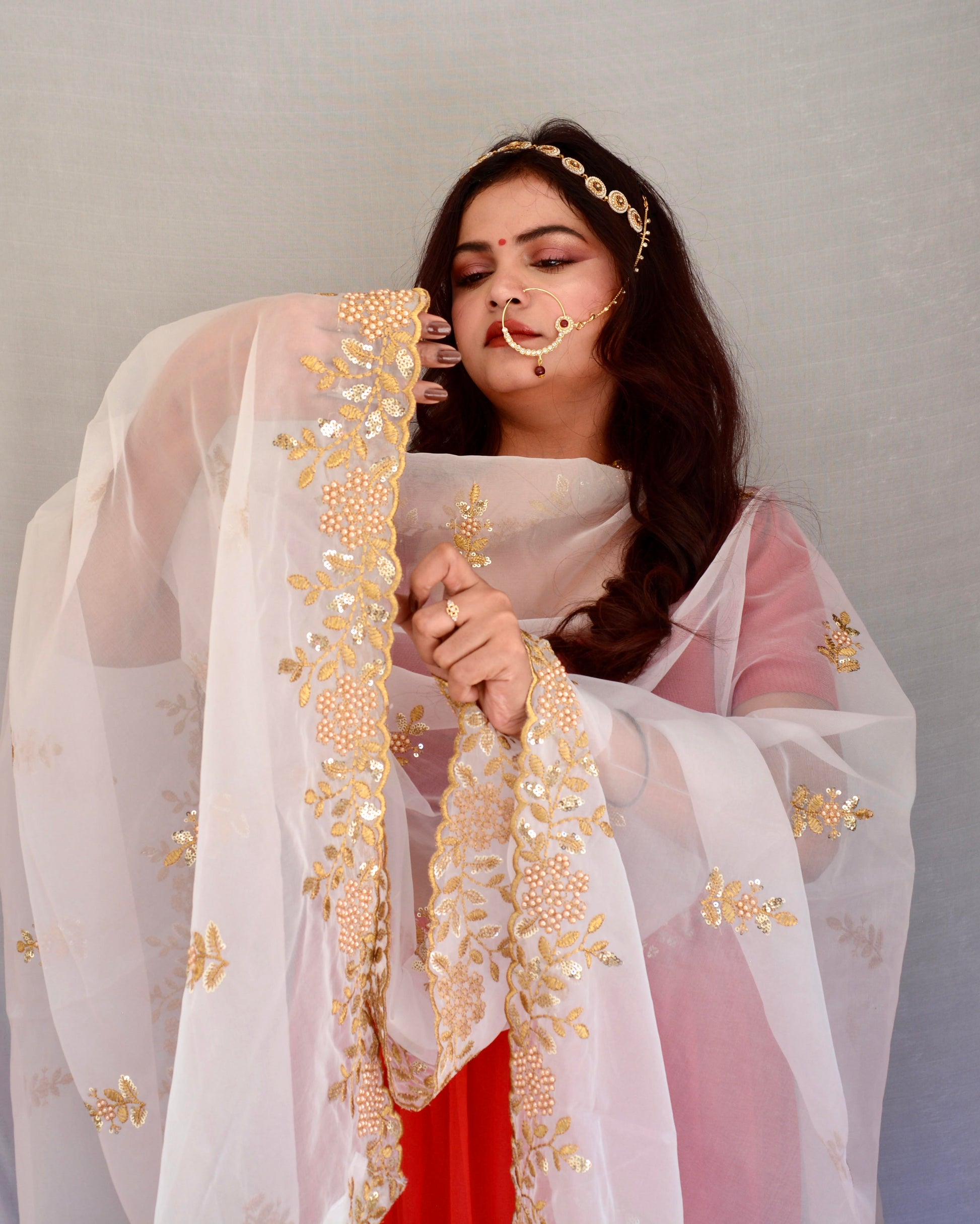 White Zari and Sippi Border Organza Dupatta - Vaaniari