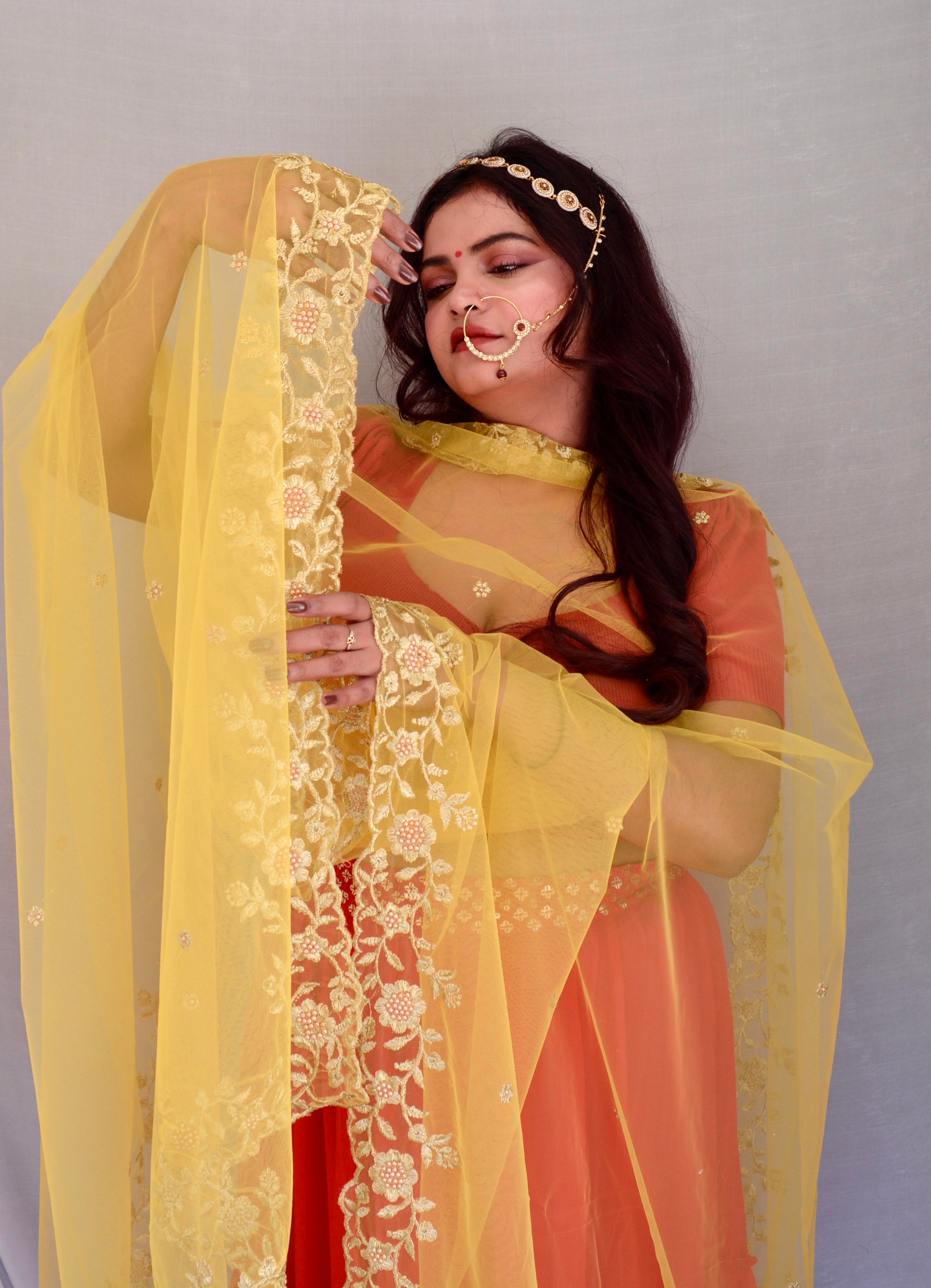 Thread Work Net Yellow Dupatta - Vaaniari