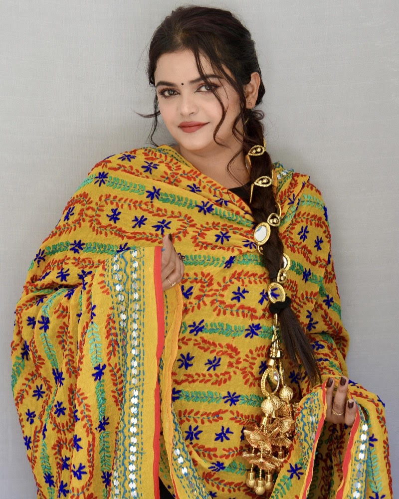 Georgette Phulkari Dupatta Yellow - Vaaniari