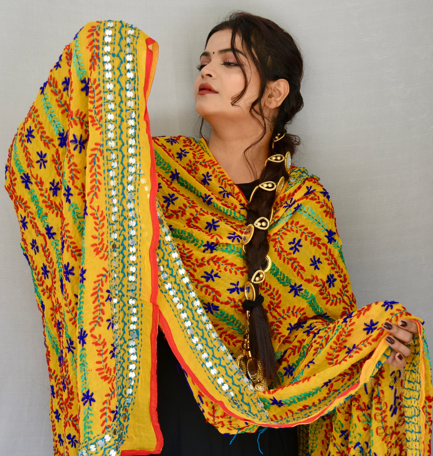 Georgette Phulkari Dupatta Yellow - Vaaniari