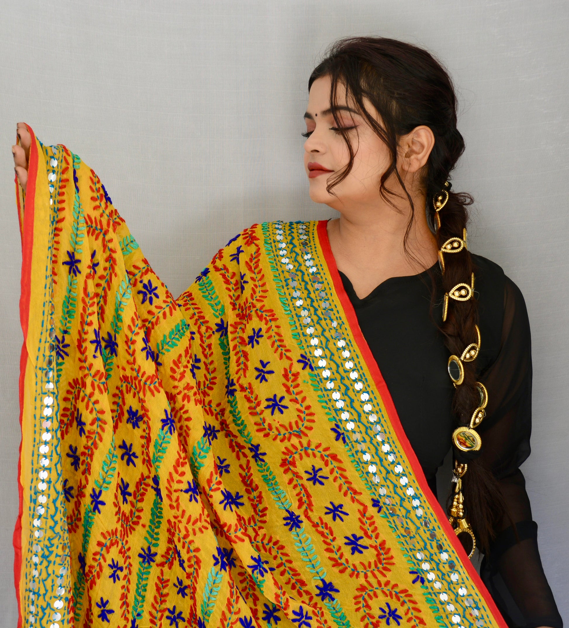 Georgette Phulkari Dupatta Yellow - Vaaniari